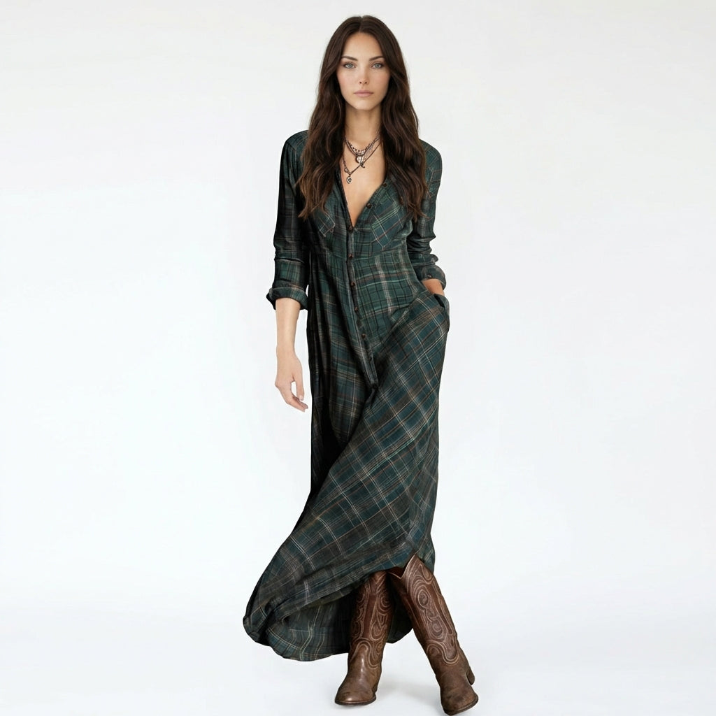 Plaid Button-Down Maxi Shirt Dress