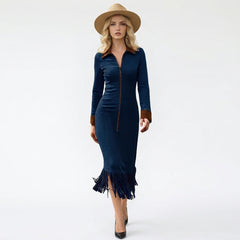 Western Zip-Front Midi Dress with Fringe Hem