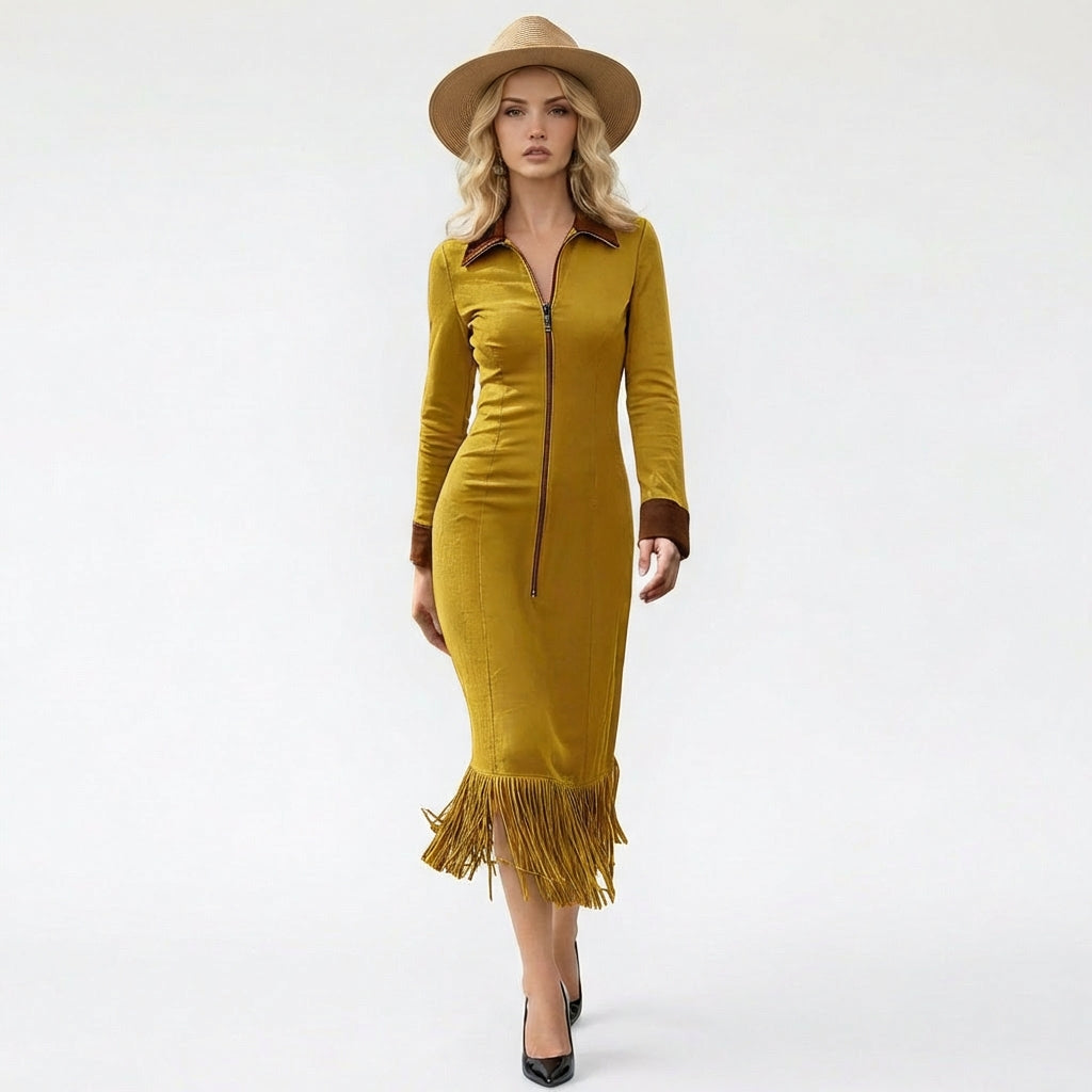 Western Zip-Front Midi Dress with Fringe Hem
