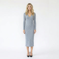Ribbed V-Neck Long Sleeve Bodycon Maxi Dress