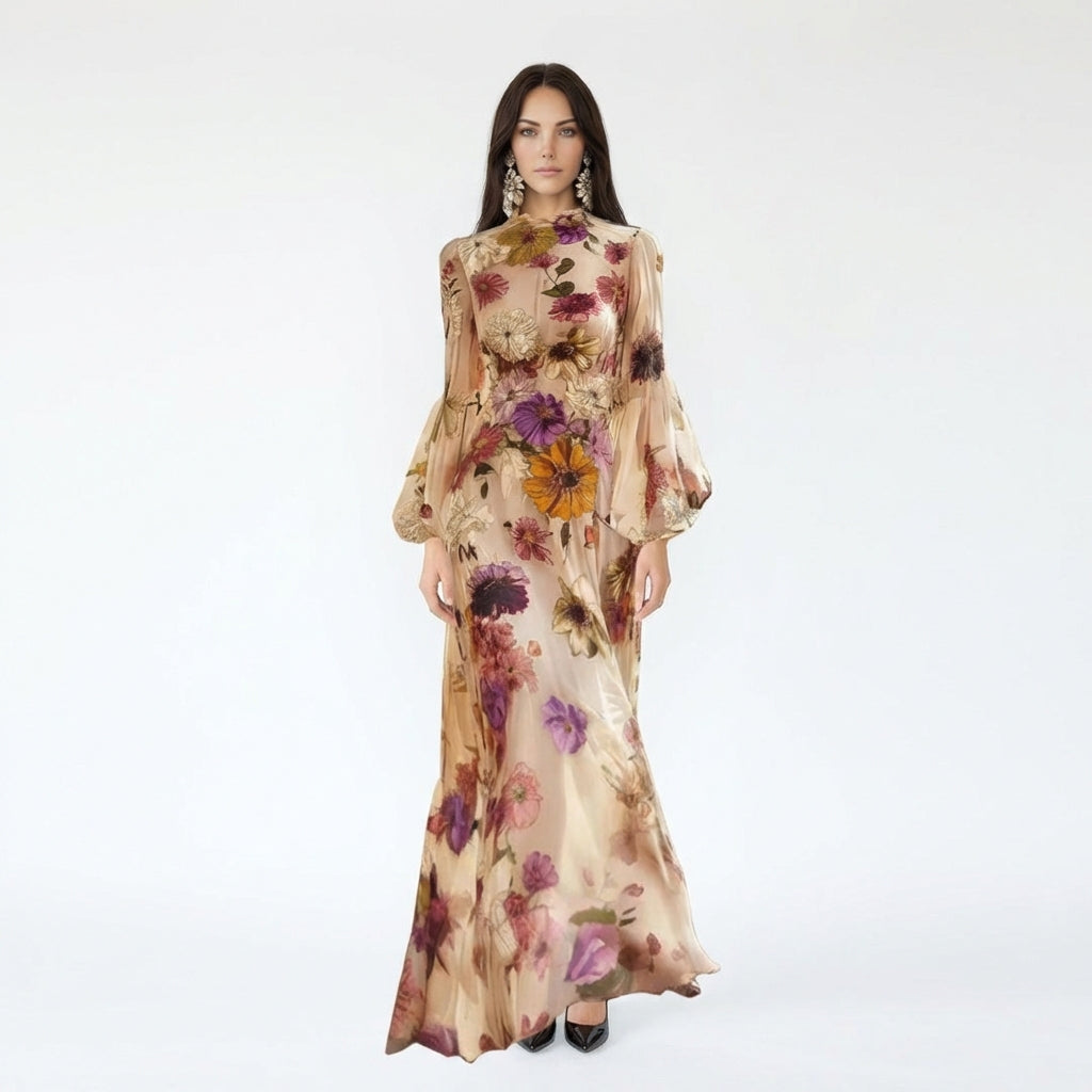 Mock Neck Long Sleeve Floral Maxi Dress