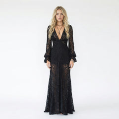 V-Neck Bell Sleeve Sheer Lace Maxi Dress