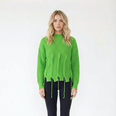 Distressed Crew Neck Chunky Knit Sweater