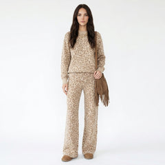Leopard Print Crew Neck Sweater and Wide-Leg Pants Set
