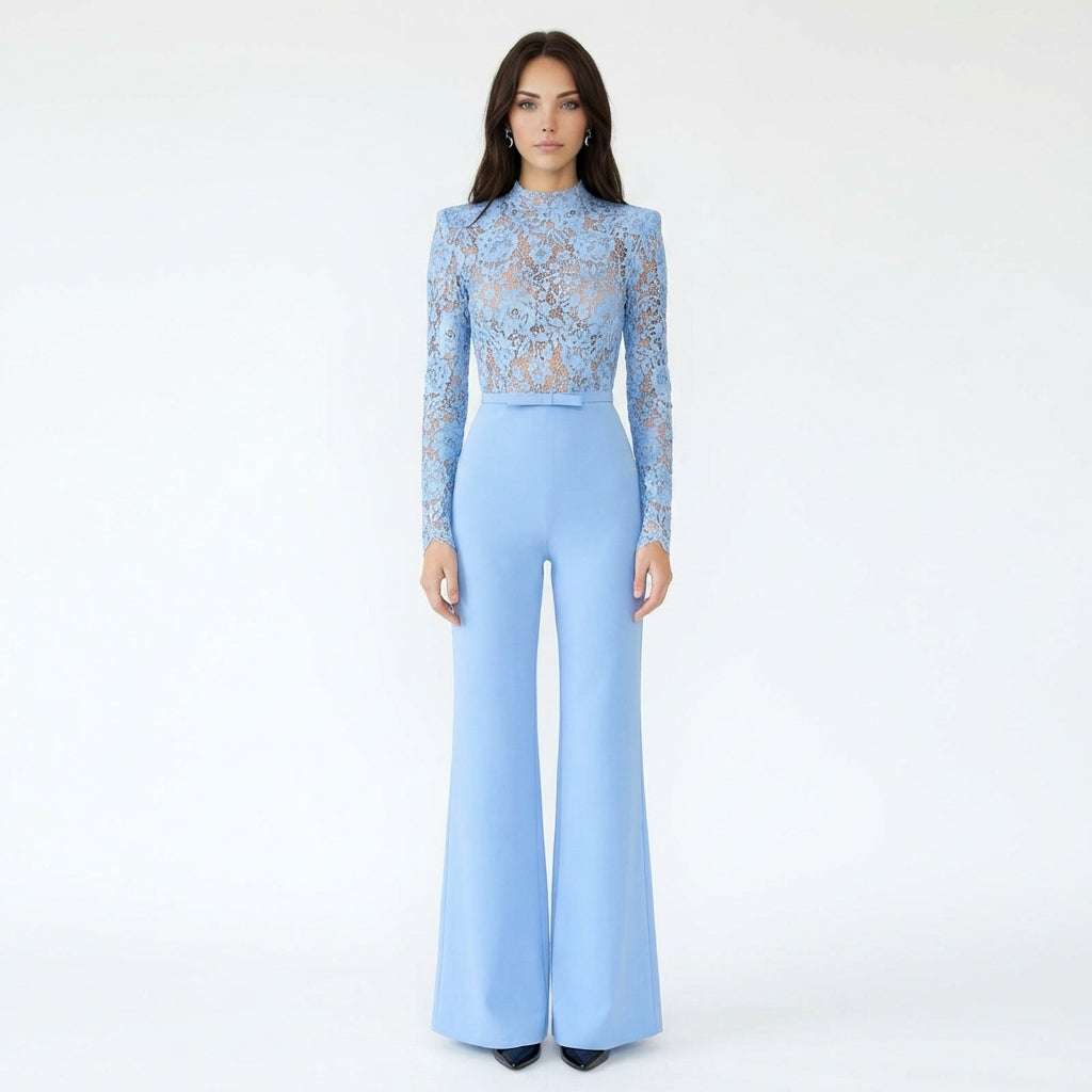 Light Blue Lace Long Sleeve Jumpsuit