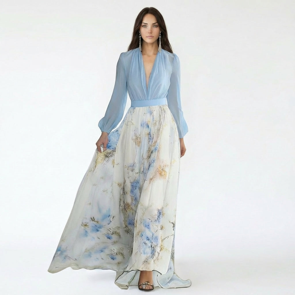 V-Neck Bishop Sleeve Floral Print Maxi Dress