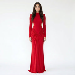 Mock Neck Long Sleeve Cut-Out Ruched Maxi Dress