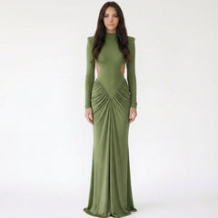 Mock Neck Long Sleeve Cut-Out Ruched Maxi Dress