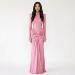 Mock Neck Long Sleeve Cut-Out Ruched Maxi Dress