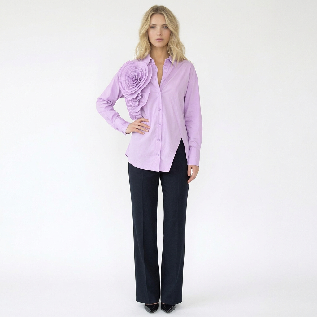Pleated Floral Appliqué Button-Down Shirt with Side Slit