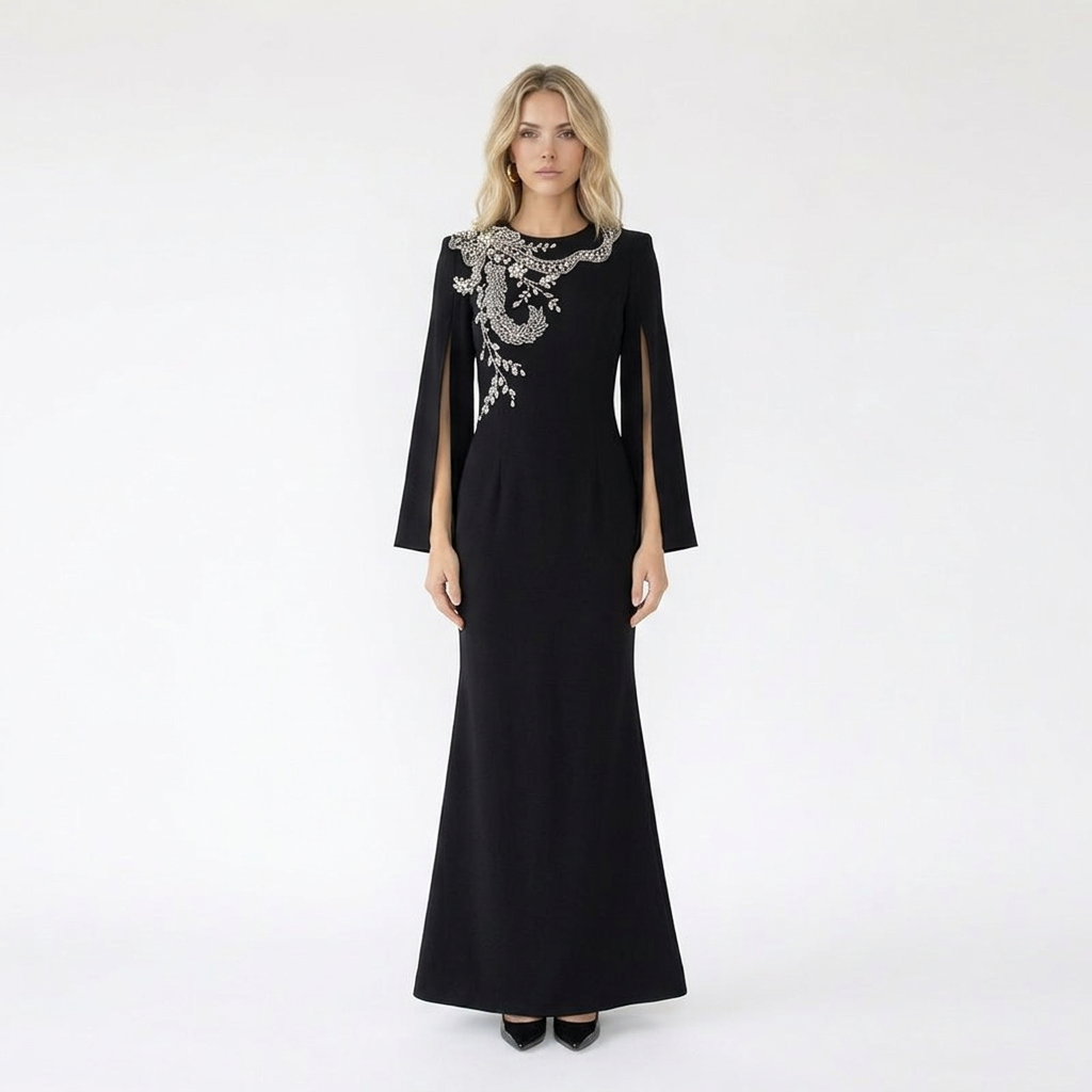 Beaded Appliqué Split Sleeve Floor Length Evening Gown