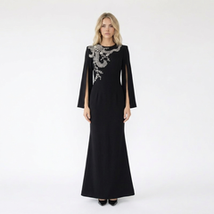 Beaded Appliqué Split Sleeve Floor Length Evening Gown