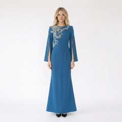 Beaded Appliqué Split Sleeve Floor Length Evening Gown