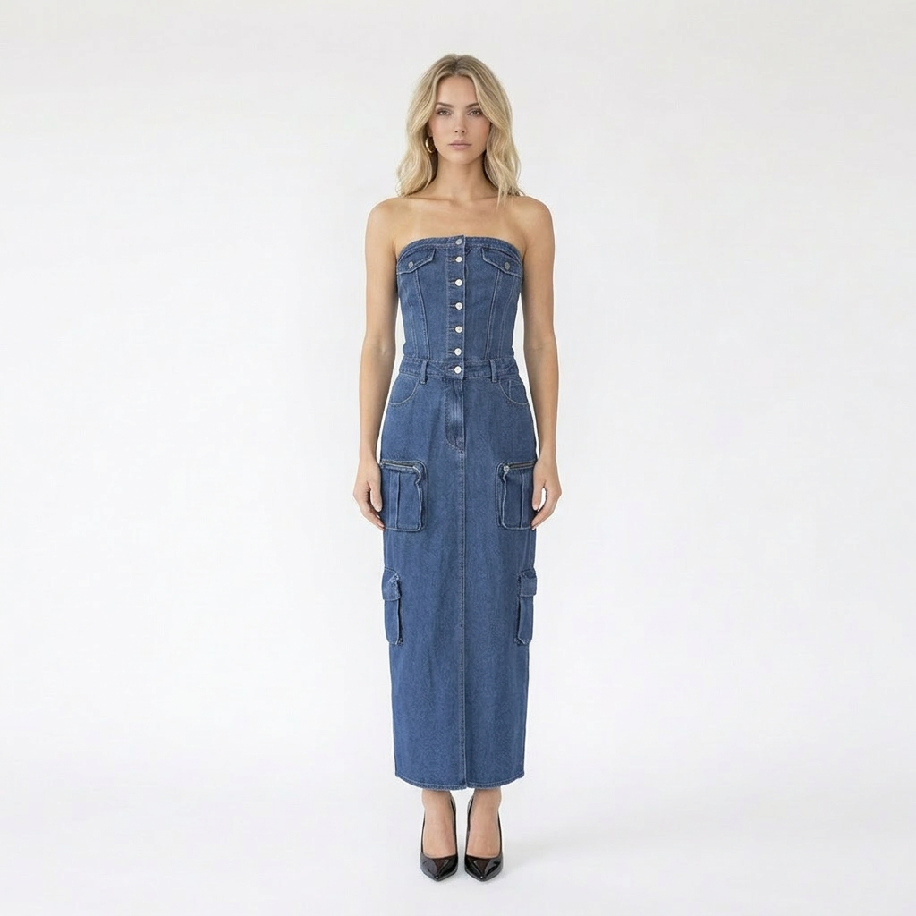 Strapless Button-Front Denim Cargo Maxi Dress