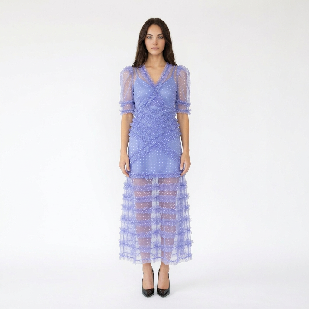 Tiered Ruffle Mesh Maxi Dress with Polka Dot Pattern