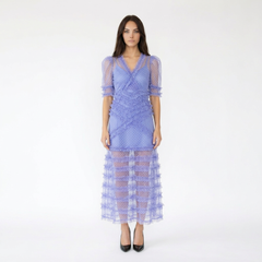 Tiered Ruffle Mesh Maxi Dress with Polka Dot Pattern