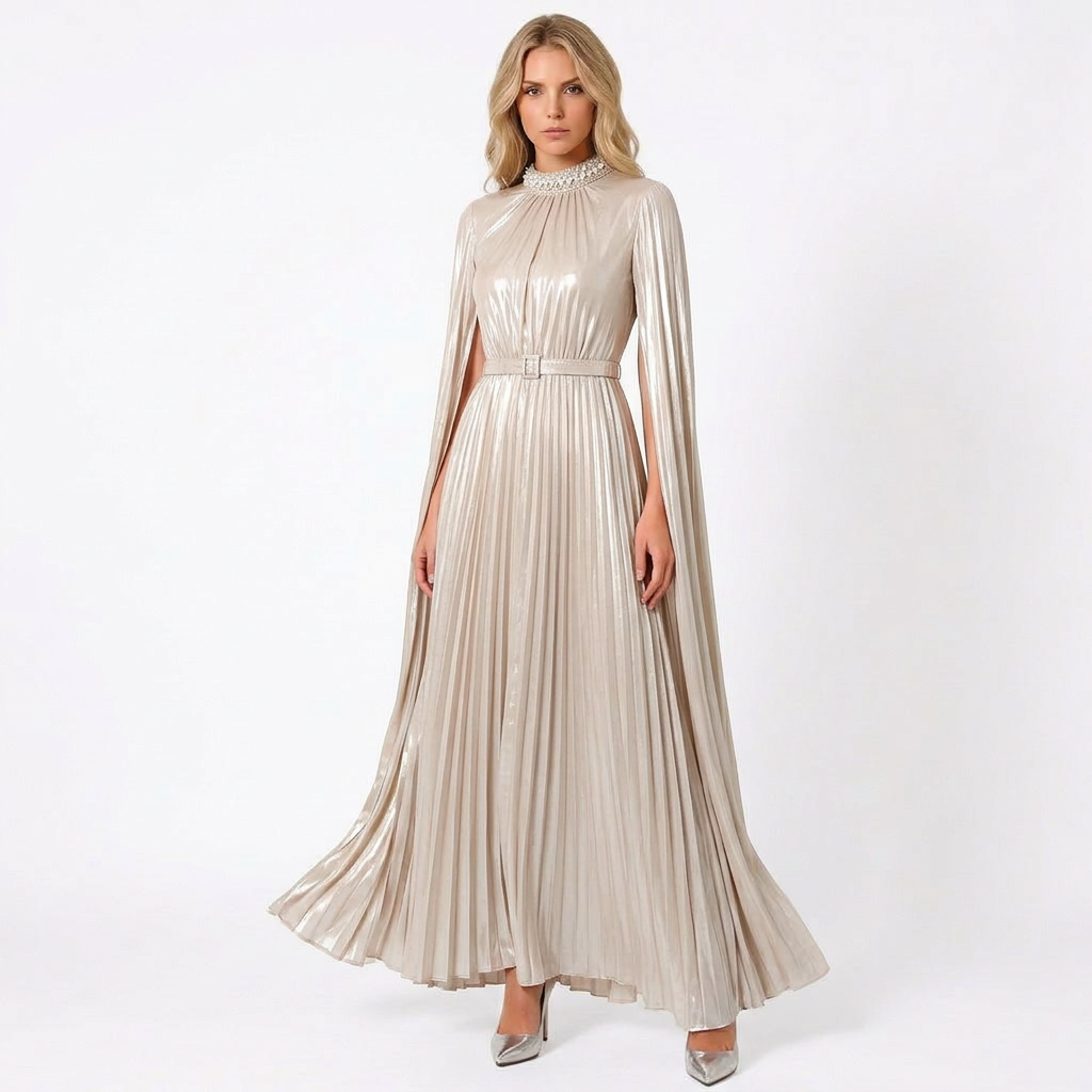 Metallic Pleated High Neck Gown with Extra Long Sleeves
