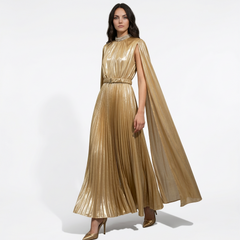 Metallic Pleated High Neck Gown with Extra Long Sleeves