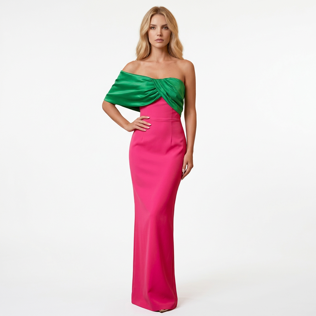 Satin Strapless Column Gown with Contrast Twisted Bodice Overlay