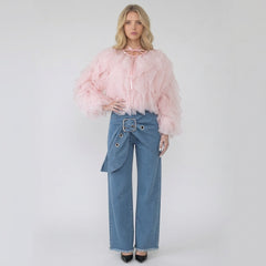 Sheer Ruffled Tulle Long Sleeve Cropped Blouse