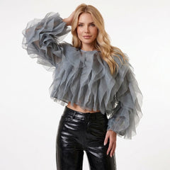 Sheer Ruffled Tulle Long Sleeve Cropped Blouse