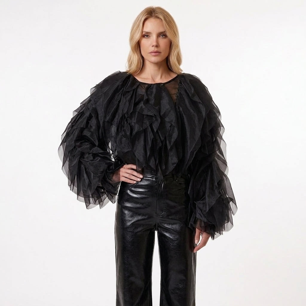 Sheer Ruffled Tulle Long Sleeve Cropped Blouse