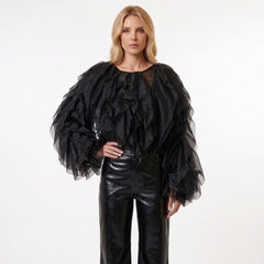 Sheer Ruffled Tulle Long Sleeve Cropped Blouse