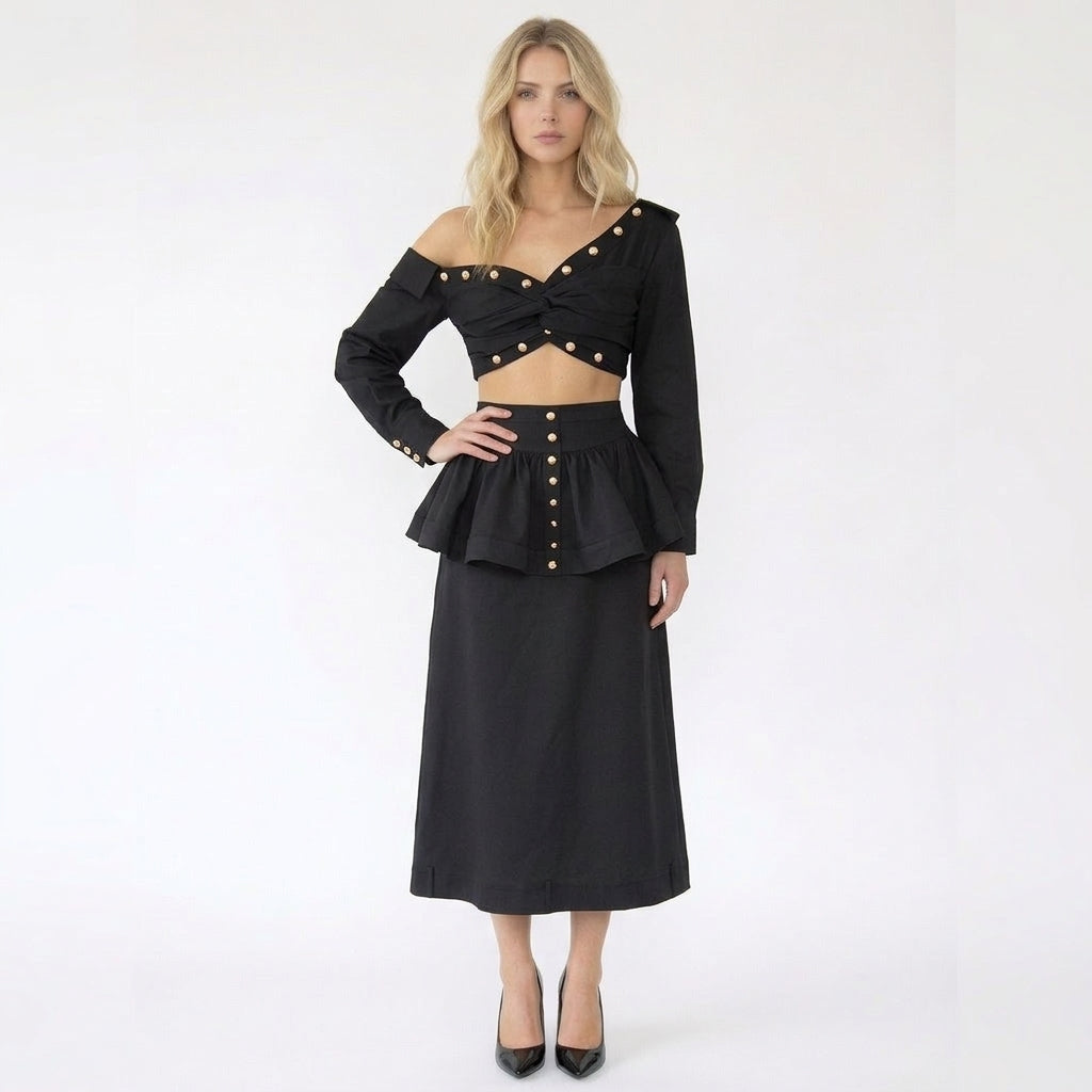 One-Shoulder Studded Crop Top and Peplum Midi Skirt Set