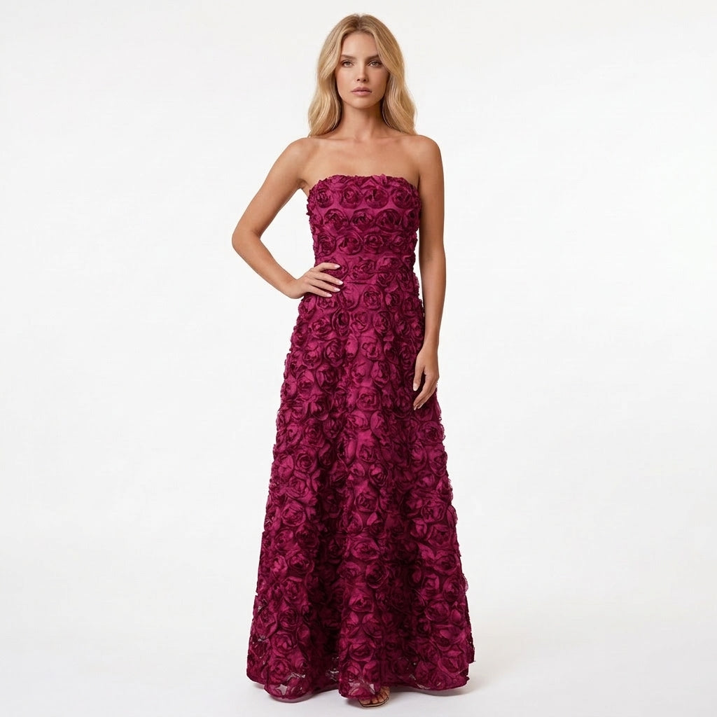 Strapless Maxi Dress with All-Over Rosette Texture