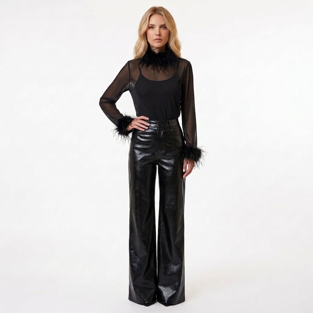 Sheer Feather-Trim Blouse and Faux Leather Wide-Leg Trouser Set