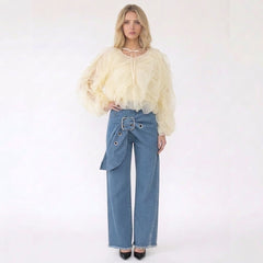 Sheer Ruffled Tulle Long Sleeve Cropped Blouse
