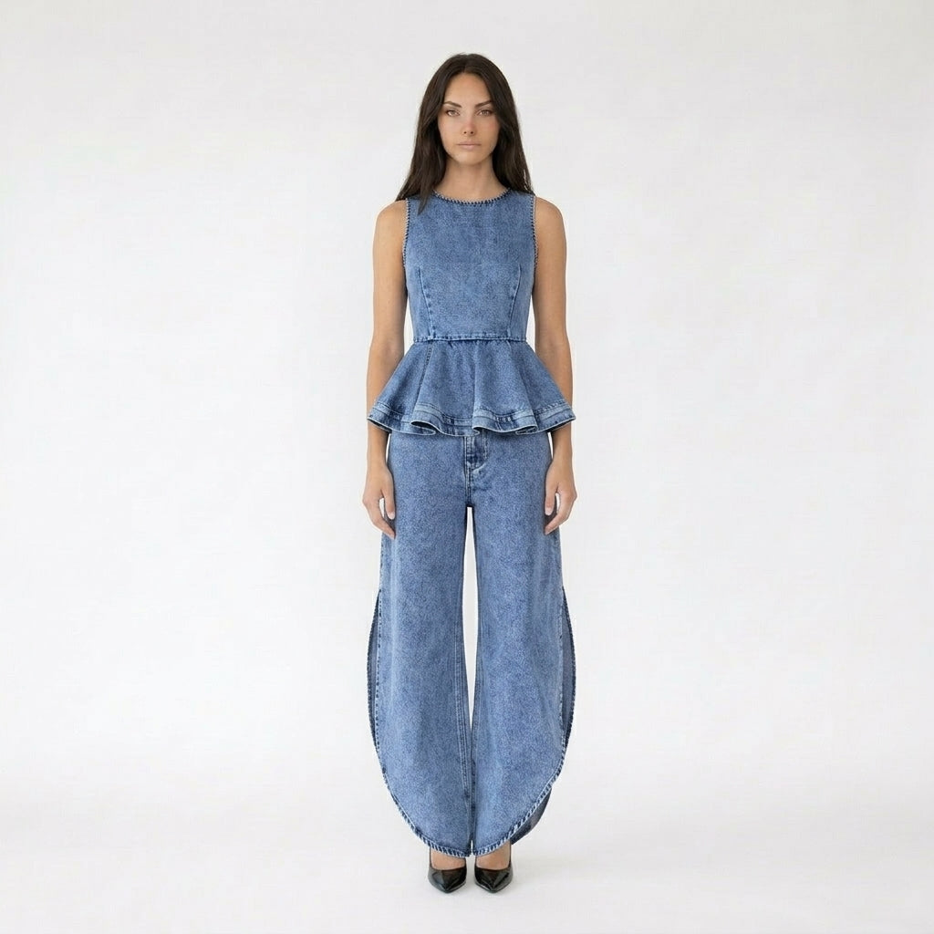 Sleeveless Peplum Denim Top and Curved Hem Wide Leg Jeans