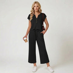 Women's Two-Piece Henley Top and Wide-Leg Lounge Set