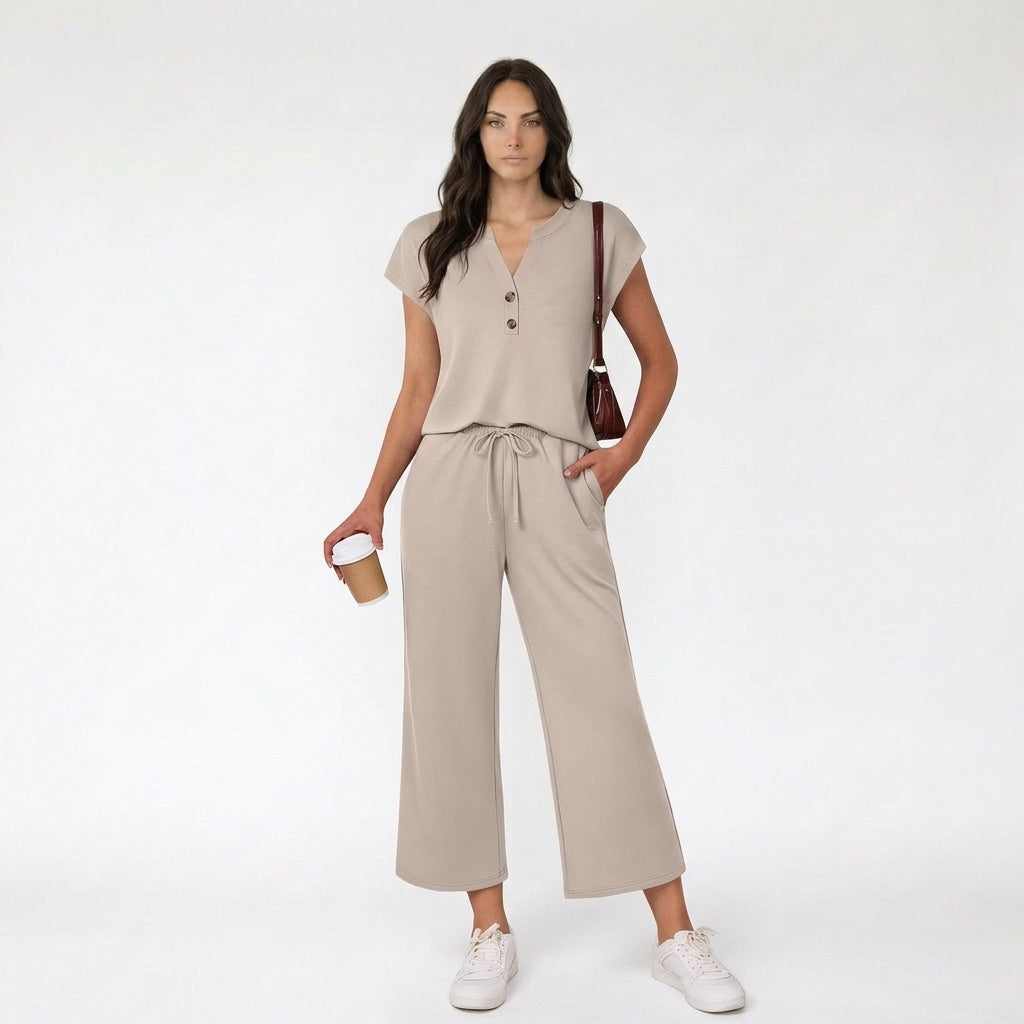 Women's Two-Piece Henley Top and Wide-Leg Lounge Set