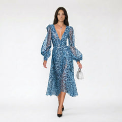 Leopard Print V-Neck Midi Dress with Lantern Sleeves