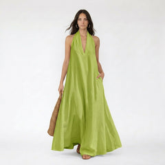Halter V-Neck Sleeveless Maxi Dress with Pockets