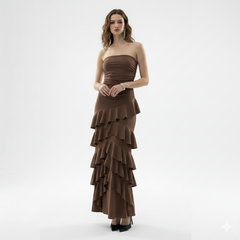 Irregular Brown Strapless Ruffle Dress