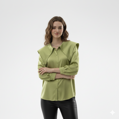 Olive Satin Shirt with Oversized Wing Collar