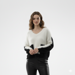 Fuzzy Contrast Colorblock Knit Sweater