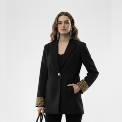 Black Structured Blazer with Gold Embellished Cuffs