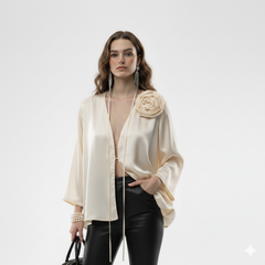 Satin Cape Blouse with Oversized Rose Detail
