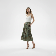 Green Floral Asymmetrical Midi Skirt