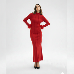 Red Feather Cuff Bodycon Maxi Dress