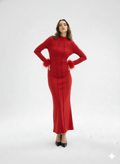 Red Feather Cuff Bodycon Maxi Dress
