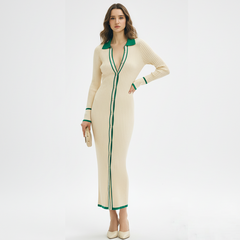 Retro Beige Green-Trimmed Knit Maxi
