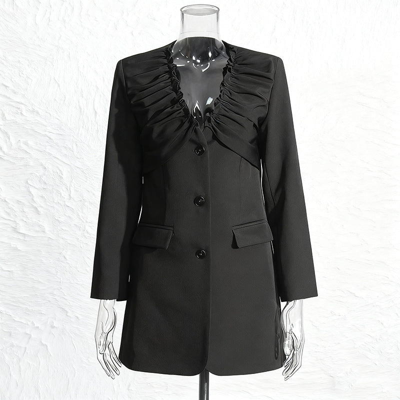 Single breasted long sleeved pleated V-neck suit jacket for women