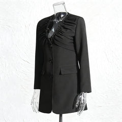 Single breasted long sleeved pleated V-neck suit jacket for women