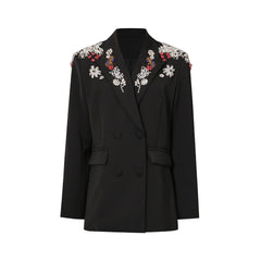 Black Double-Breasted Blazer with Intricate Beaded Shoulders