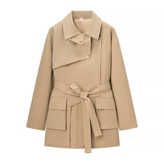 Chic Asymmetric Lapel Trench Coat with Waist Tie