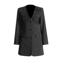 Single breasted long sleeved pleated V-neck suit jacket for women